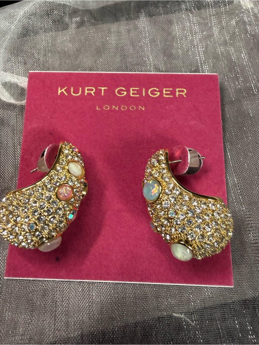 Nwot Kurt Geiger Gold Crystal And Opal Accent Curved Statement Earrings